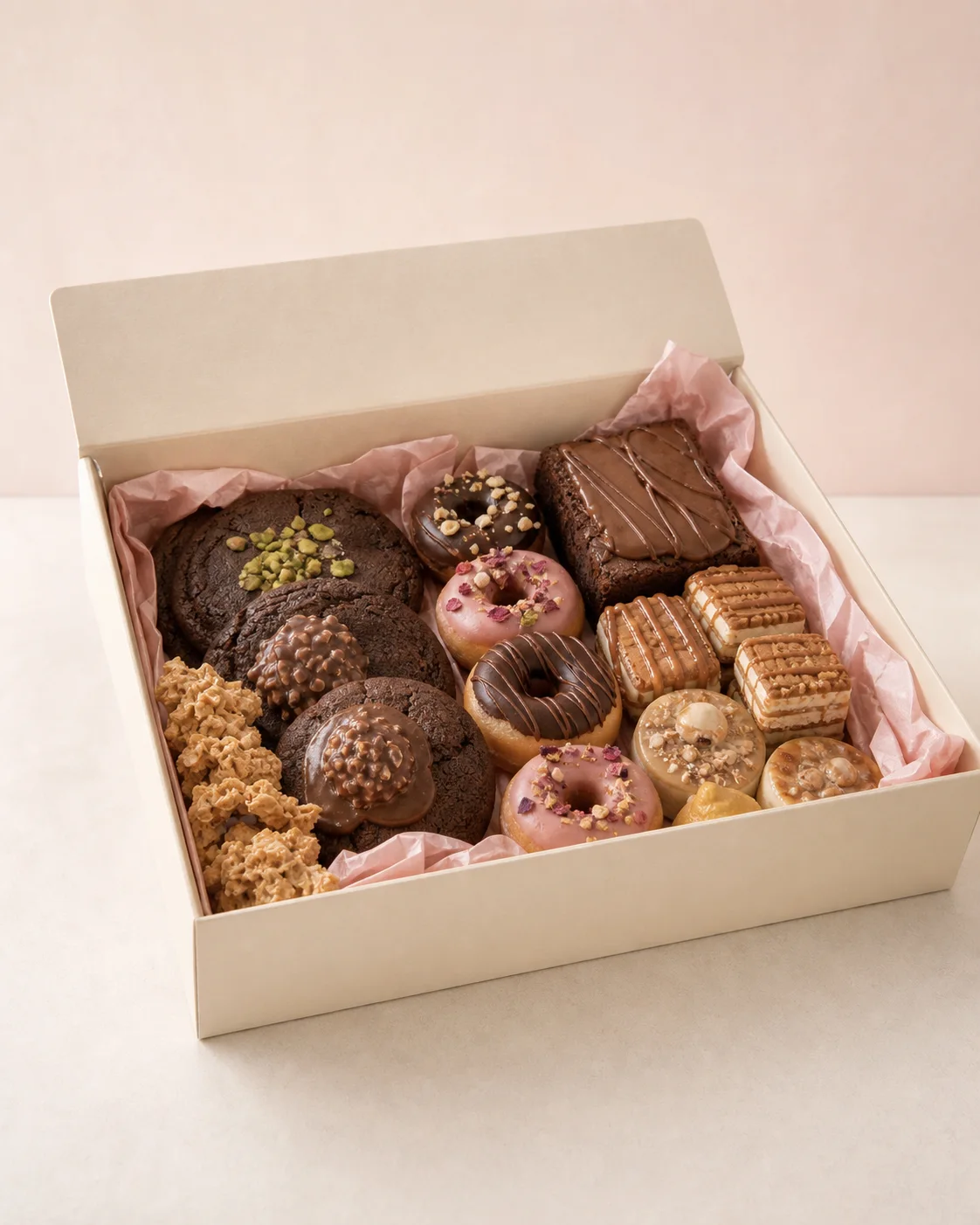 Caja de dulces artesanales con cookies, donuts y brownies