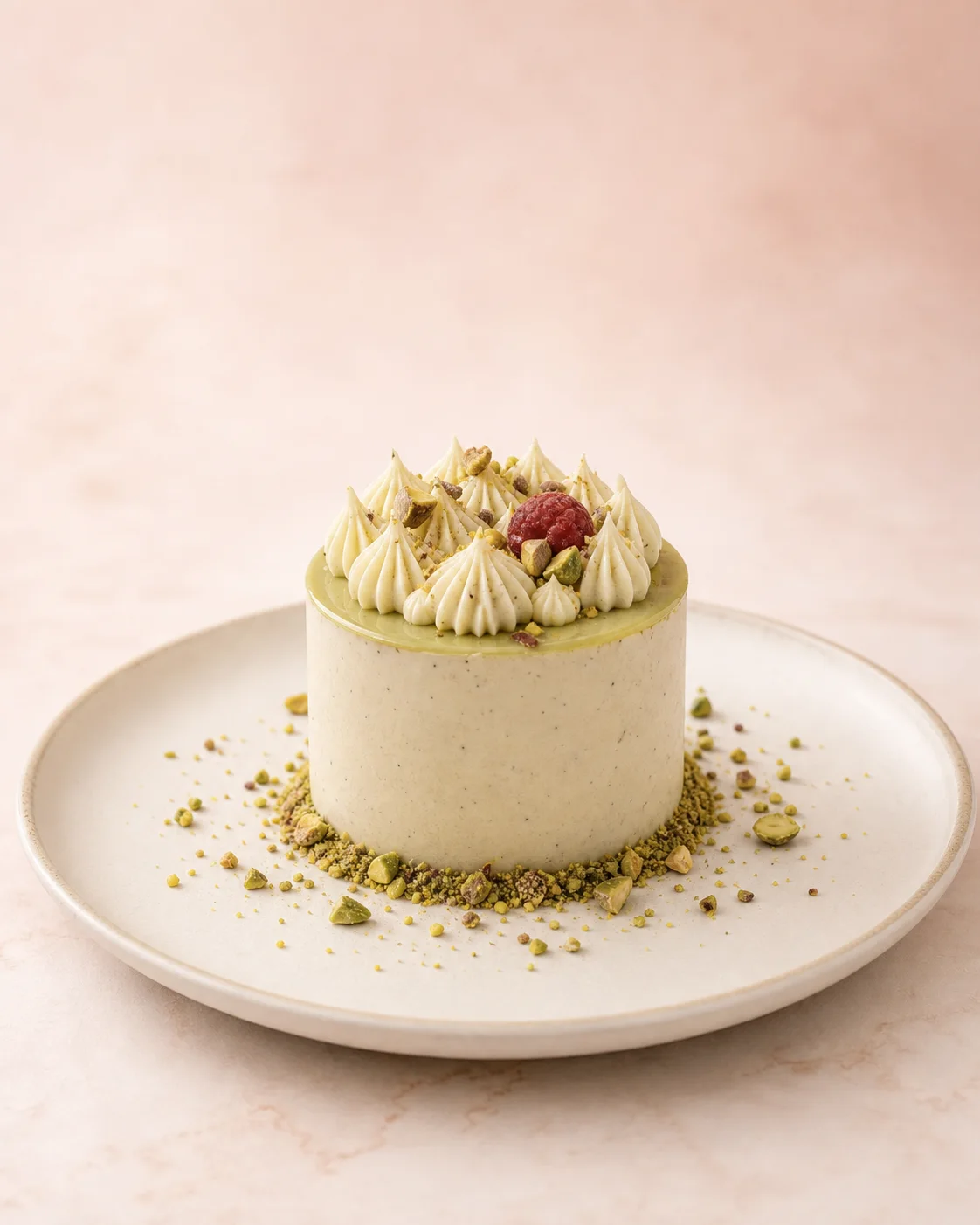 Postre individual de pistacho preparado para hostelería